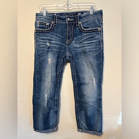 Miss‎ Me Boyfriend Size 26 Jeans Thick Stitching Distressed Cuffed Bling - Picture 1 of 4